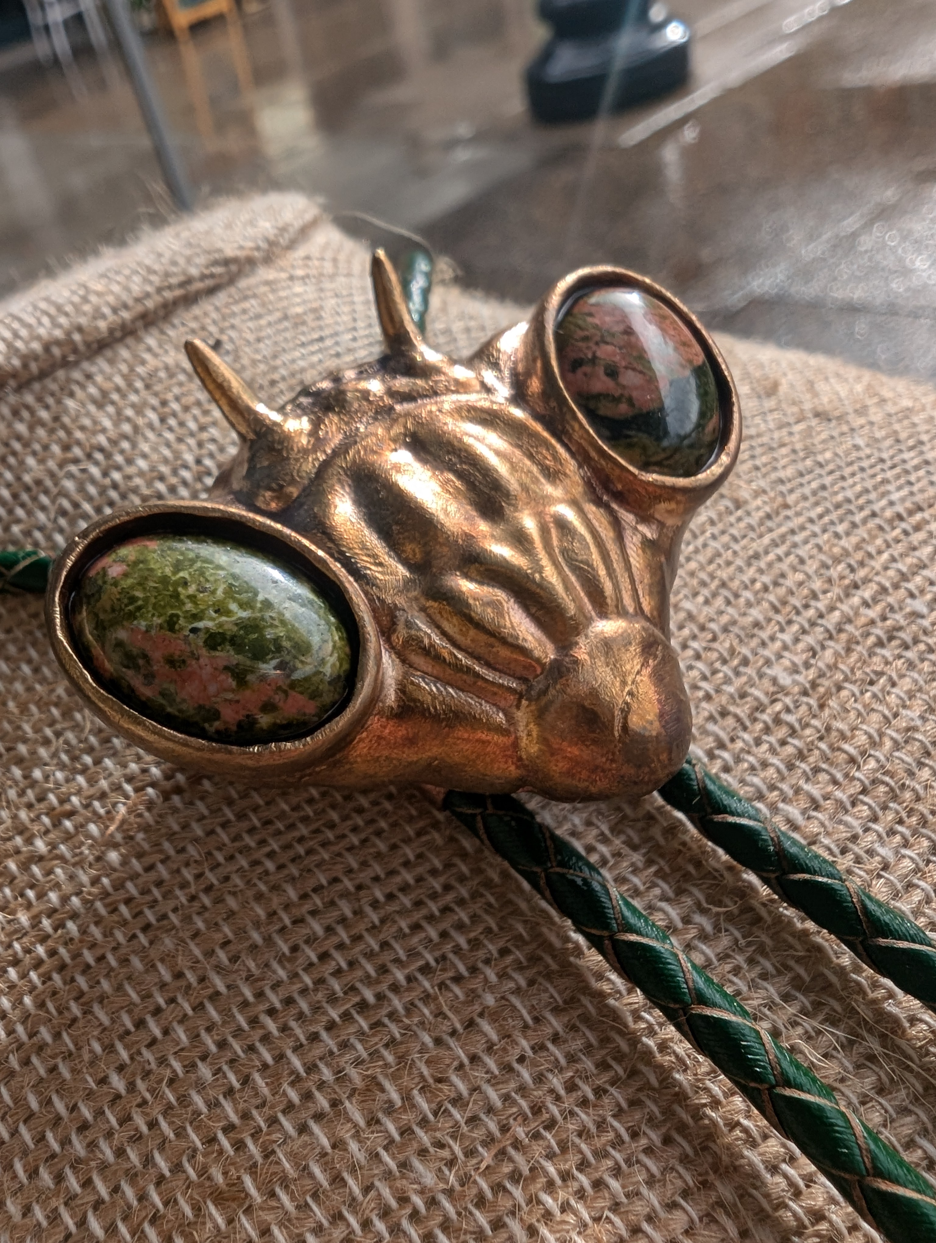 Midwestern Mantis in Brass with Unakite cabochons