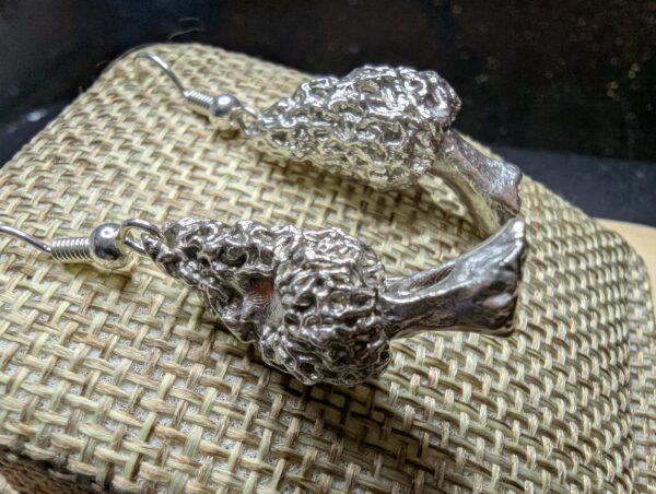 Morels cast in .999 Fine Silver on fish hook hangers